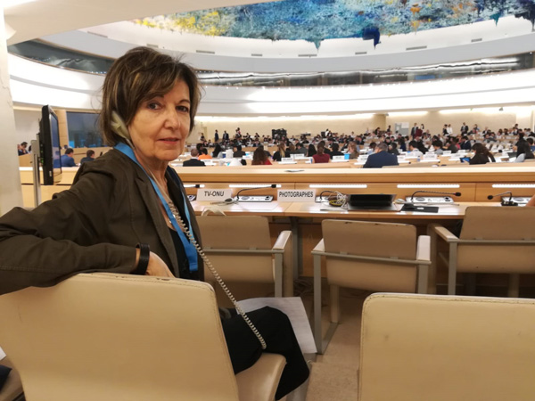 Rosalba Nattero, vice presidente e capo delegazione della Ecospirituality Foundation, nella Salle XX delle Nazioni Unite di Ginevra dove si svolgeva la 42esima Sessione dello Human Rights Council