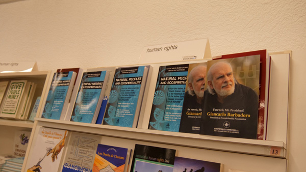 The book ''Natural Peoples and Ecospirituality'' by Barbadoro-Nattero at the UN bookshop together with the brochure dedicated to Giancarlo Barbadoro